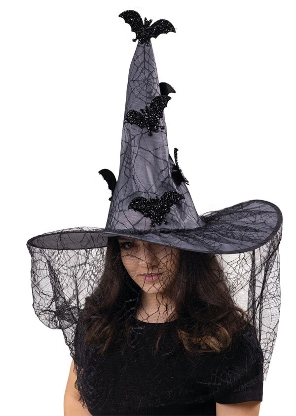 PARTYXPEOPLE KOSTÜM ZUBEHÖR HEXENHUT HUT FLEDERMÄUSE MIT SCHLEIER ONE SIZE ERWACHSEN NEU OVP
