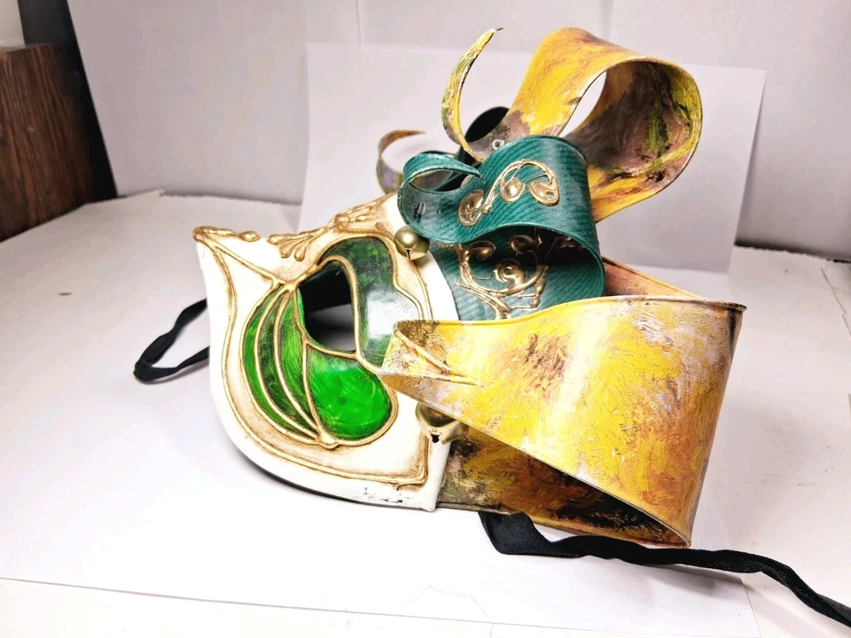 Venetian Carnival Mask Masquerade Italy Beak Green Yellow Black Gold Vintage - Image 2 of 4