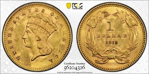 1862 PCGS MS62 Indian Princess Head Gold Dollar, U.S. G$1 Type 3 Coin