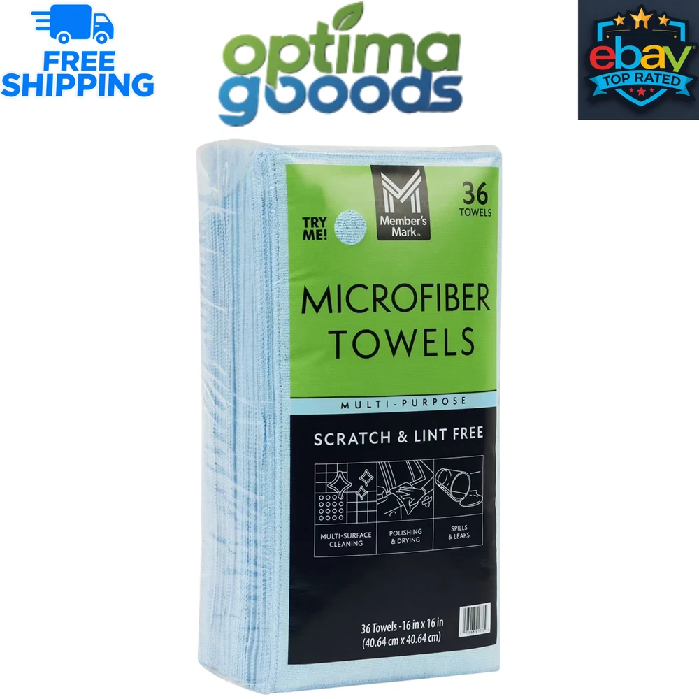Member's Mark Microfiber Towels – Blue, 16" x 16", 36 Count Cleaning Cloths