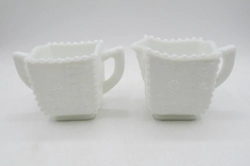 VINTAGE MILK GLASS CREAMER & SUGAR WESTMORELAND SET PANELED GRAPE BEADED SQUARE!