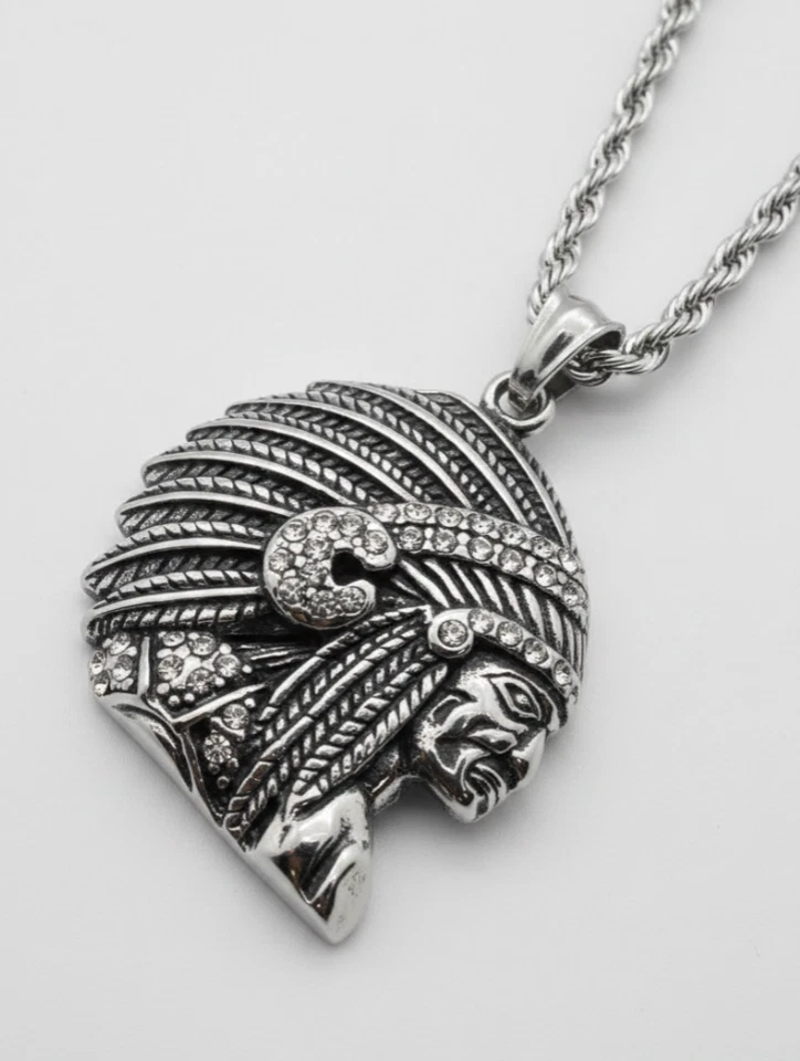Native Chief Pendant Necklace / Stainless Steel 4mm Rope Chain Men's 77-R - Image 2 of 4