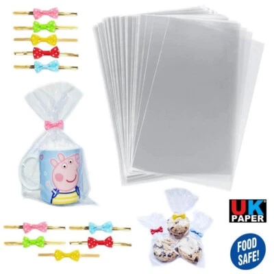 CLEAR CELLOPHANE SWEET BAGS WITH TIES BOWS GIFT CELLO DISPLAY KIDS PARTY TREATS