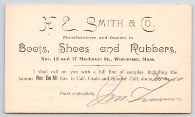 1894 H.E. Smith Boots Shoes Rubbers Mechanic St Worcester MA  Postcard