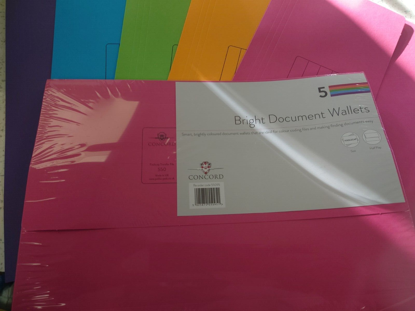 Concord Bright Document Wallets 285gsm Box 50 Assorted Bright Colours Foolscap