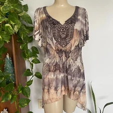 Plus Size World Unity Silky Crochet Lace Brown Boho Tunic Top Size 0X Fairycore
