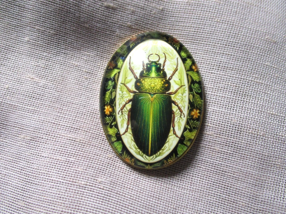 XL BOTÓN DE IMAGEN DE VIDRIO GRANDE REALISTA VERDE ESCARABAJO INSECTO VERDE FLORES BORDE Foto 2 de 3