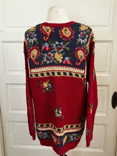 Vtg. Marisa Christina Sweater Sz S RED Floral Cardigan Hand Knit - Picture 8 of 10
