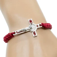 Red Cord Saint St. Benedict Medal Crucifix Cross Macrame Bracelet - Adjustable