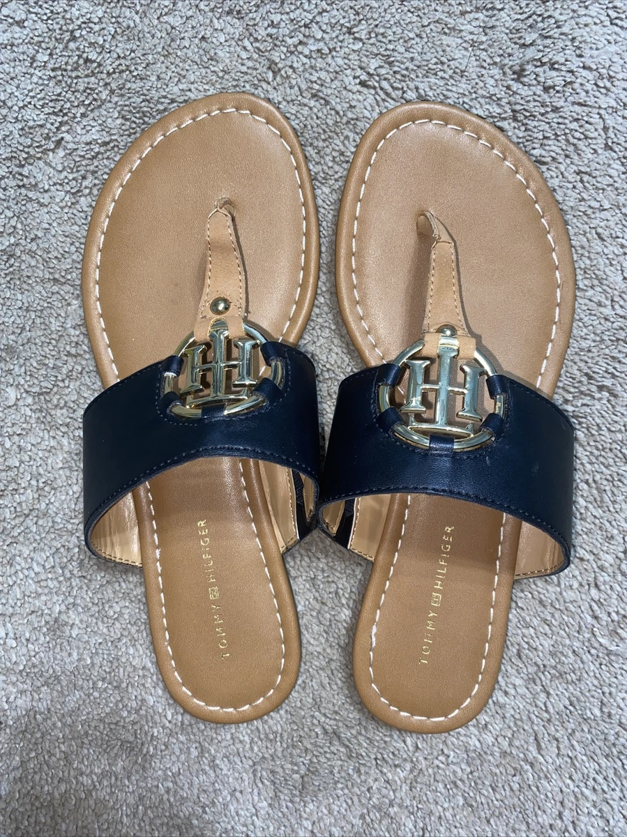 Tommy Hilfiger Size 6M Leather Sandals Gold Emblem with Black Straps | eBay