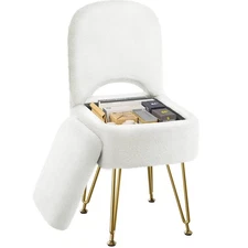 Vanity Stool Chair with Storage and Folding Back 13.4"X15"X30"Square Faux Fur