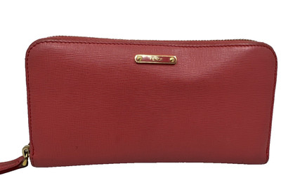 Fendi Coral Leather Zip Around Long Wallet Gold Tone Hardware Made in Italy