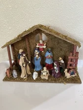 Nativity Set Manger Scene Porcelain & Wood Stable 11 Figurines Vintage Christmas