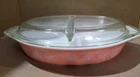 Vintage Pyrex Pink Daisy 1.5 Qt Oval Covered & Divided Casserole Dish Bowl