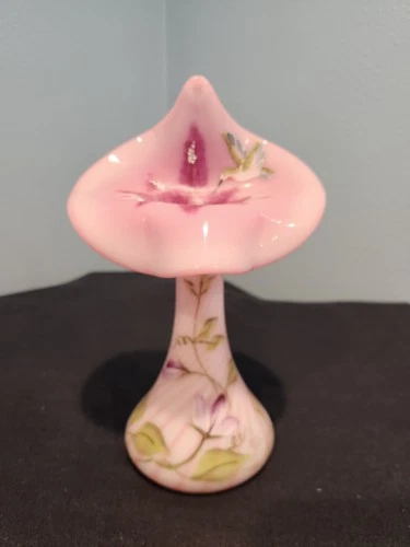 FENTON SIGNED ROSALENE SWIRL GLASS "JACK IN THE PULPIT" VASE w HUMMINGBIRD