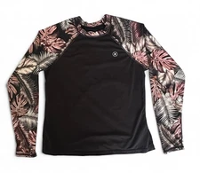 Hurley Womens SM Long Sleeve Black Floral Tropical Rash Guard Swim Shirt UPF 50+