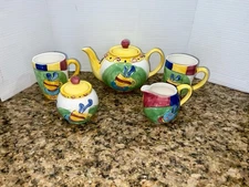Vintage HAUSEN WARE 7 Pc Tea Set- Teapot & Sugar W/Lids, 2 Mugs & Creamer EUC