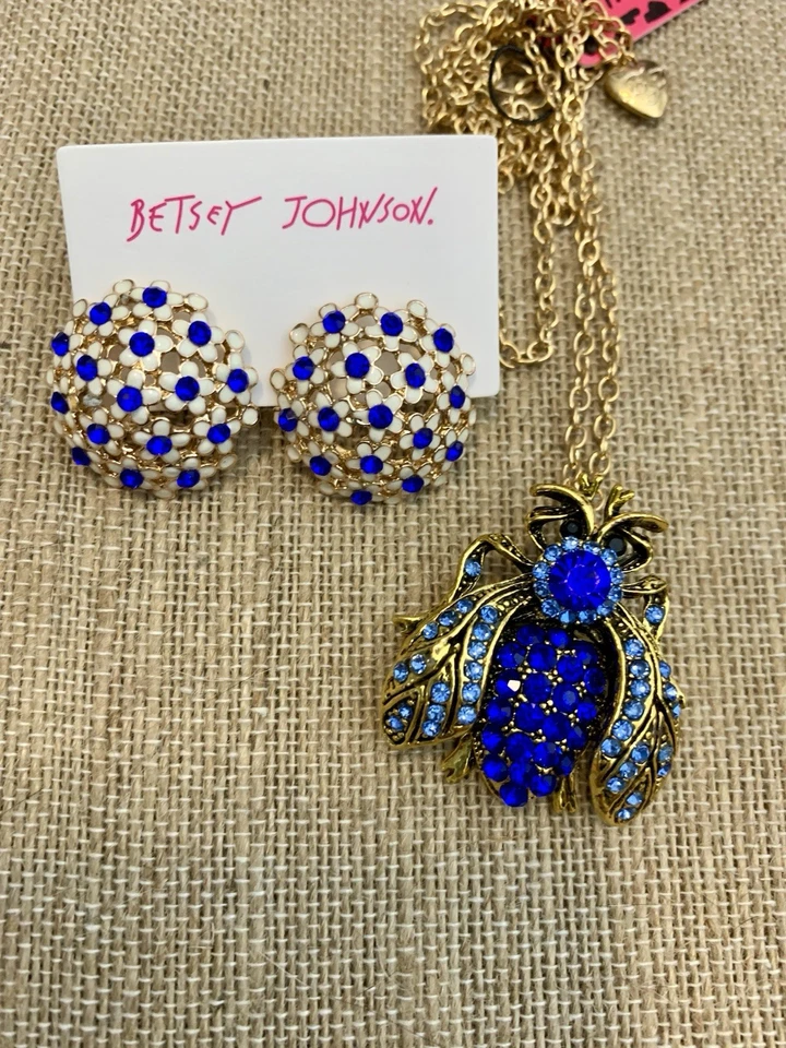 Pendientes Betsey Johnson Floral Esmalte Azul Estrás Collar Insecto Azul Foto 3 de 4