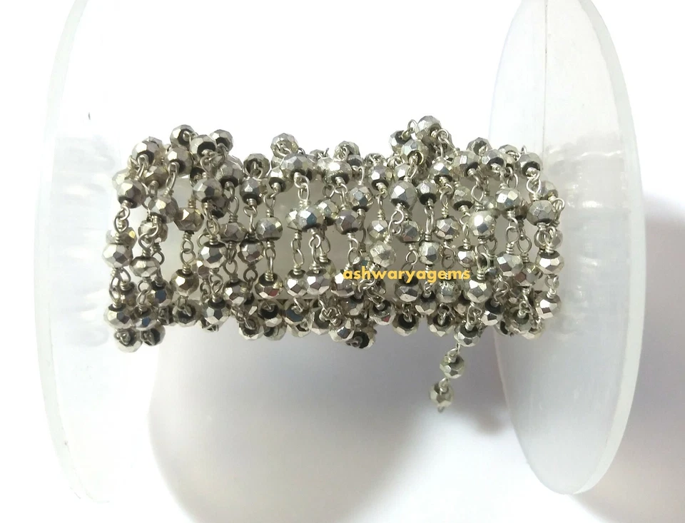 Perline di pirite argento 3 mm rosario catena di perline filo placcato argent... - Immagine 2 di 4