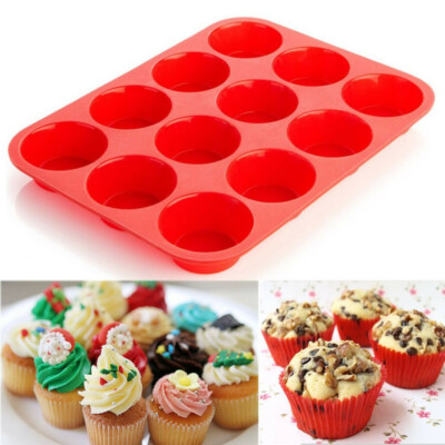 12 Cup Silicone Mold Muffin Pudding Mould Bakeware Round Cupcake Pan Baking Tray