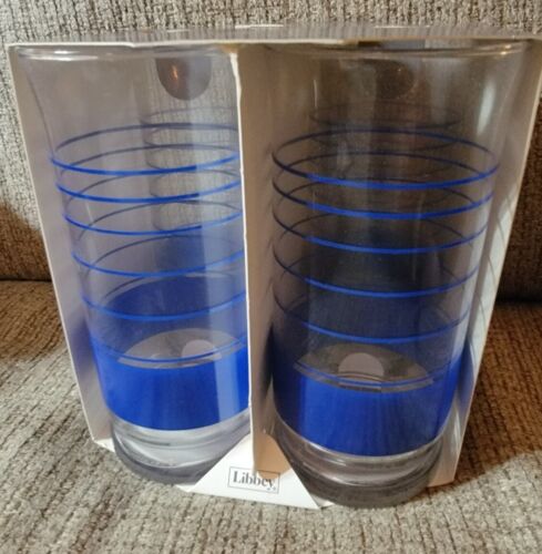 Set vintage di 4 occhiali a righe blu Libbey 16 oz refrigeratore da bere NUOVO MCM - Foto 1 di 6