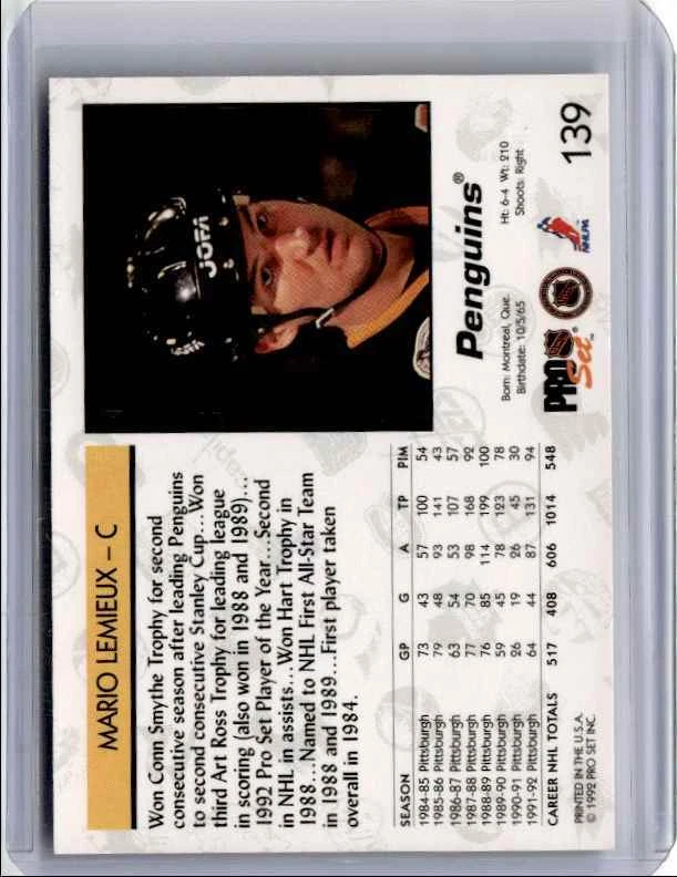 1992-93 Pro Set Mario Lemieux E Pittsburgh Penguins #139 - Image 2 of 2