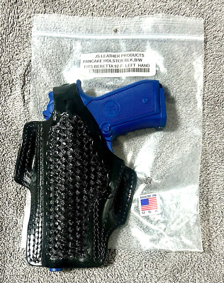 JS BLACK LEATHER PANCAKE HOLSTER - LH BERETTA 92 & 96 SERIES 9MM AUTO HANDGUNS