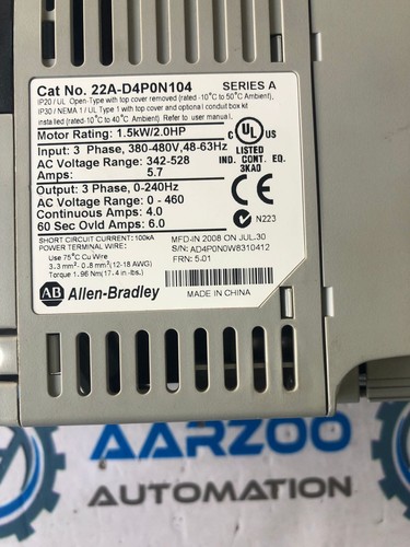 Allen-Bradley 22A-D4P0N104 PowerFlex 4 1.5 kW 2 HP AC Drive 22AD4P0N104 - Picture 3 of 8