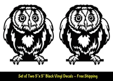 Owl Graphic Rendering Two 5" Black Vinyl Decals Car Truck Window Mirror
