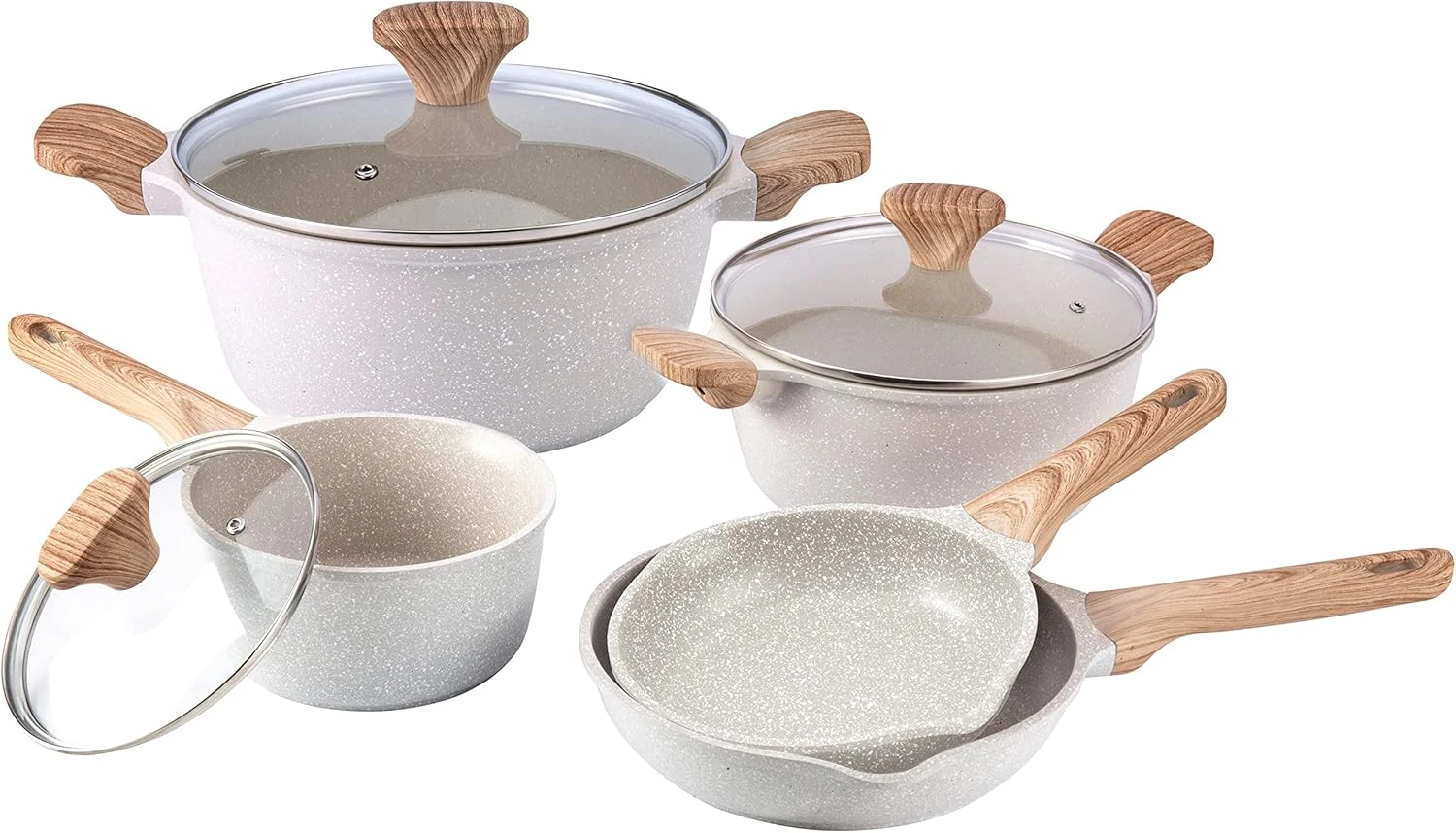 Speckled Cream Non-Stick Cast Aluminum Cookware Set - 8 Pieces for Everyday Use