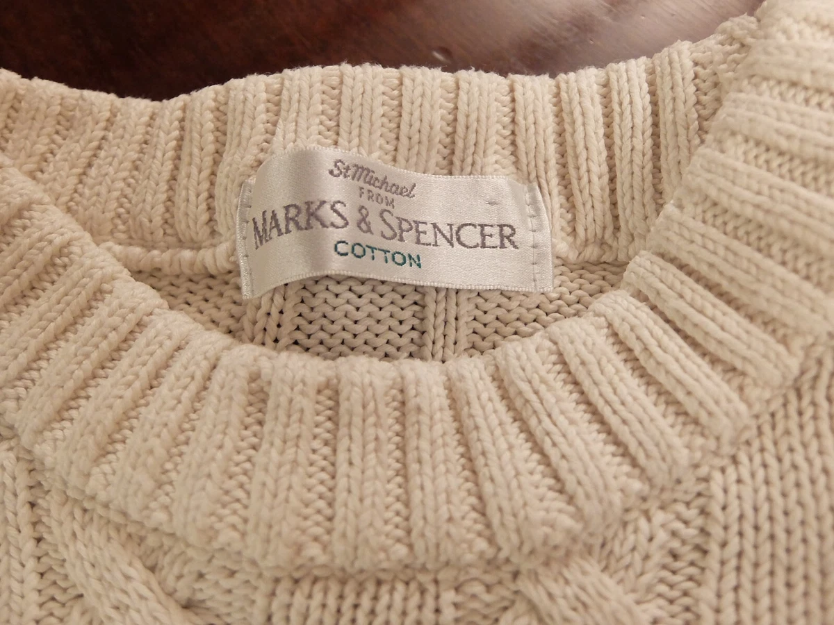 Marks Spencer Heavy 100 Cream Cotton Cable Knit Jumper Chest