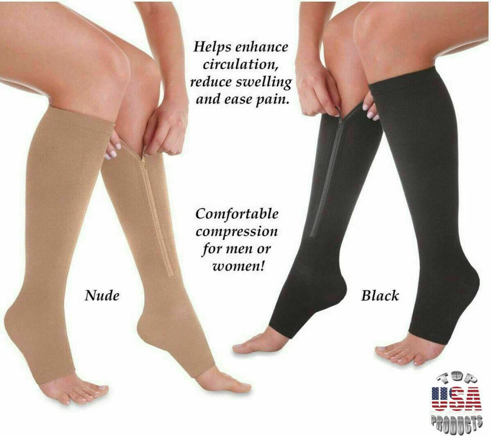Knee High Medical Compression Stockings Men Women Varicose Veins Socks Open Toe - Image 2 of 4