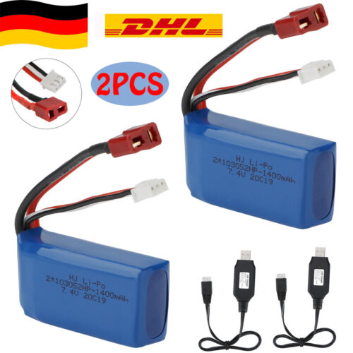 2 Stücke 7,4 V Akku 1400mAh 25C Lipo-Batterie T Deans Anschluss mit USB-Kabel - Picture 1 of 7