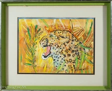 Beautiful Vintage Silvia Lieb Oil Painting of Leopard Showing Teeth, Lovely Fine