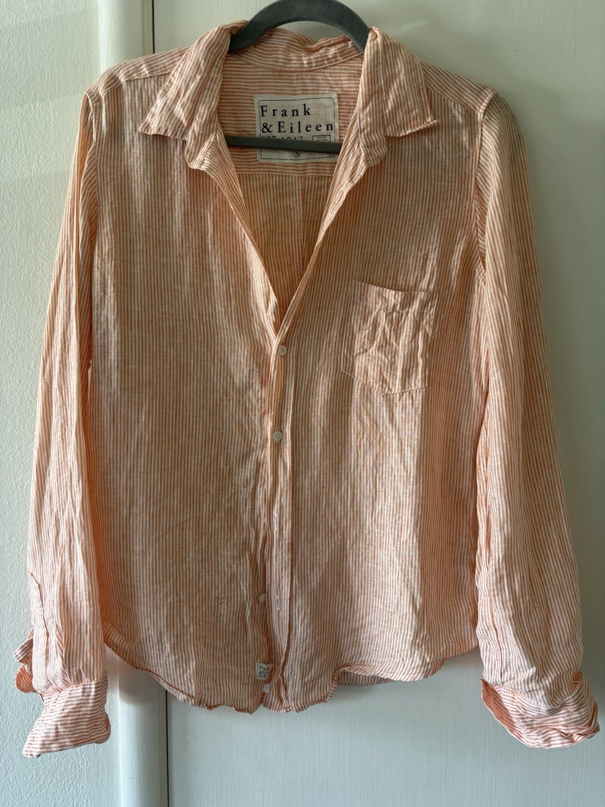 Frank&Eileen Linen Button Shirt Size S Orange White Stripe