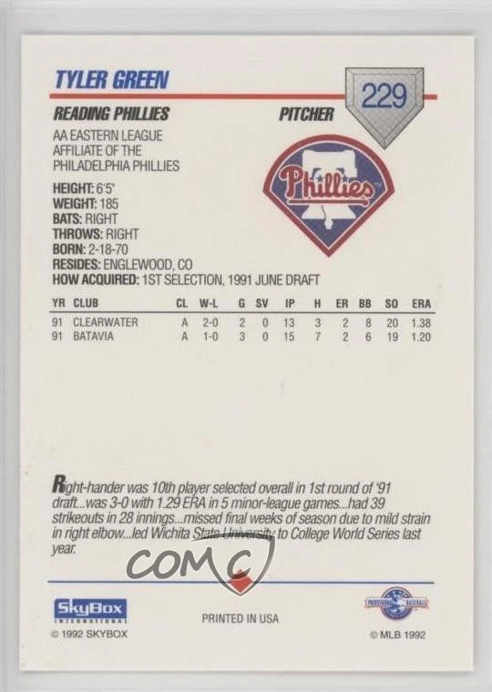 1992 SkyBox Pre-Rookie AA Packs Tyler Green #229 - Image 2 of 2