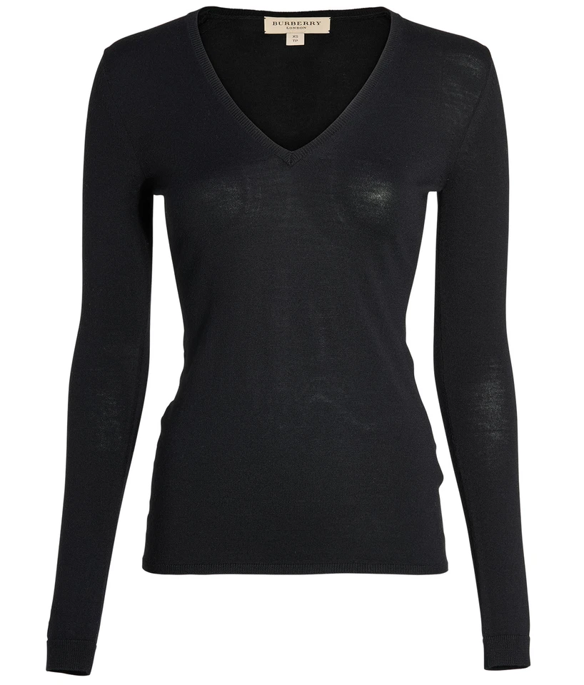 Burberry V- Neck Jumper Womens XS Black Wool