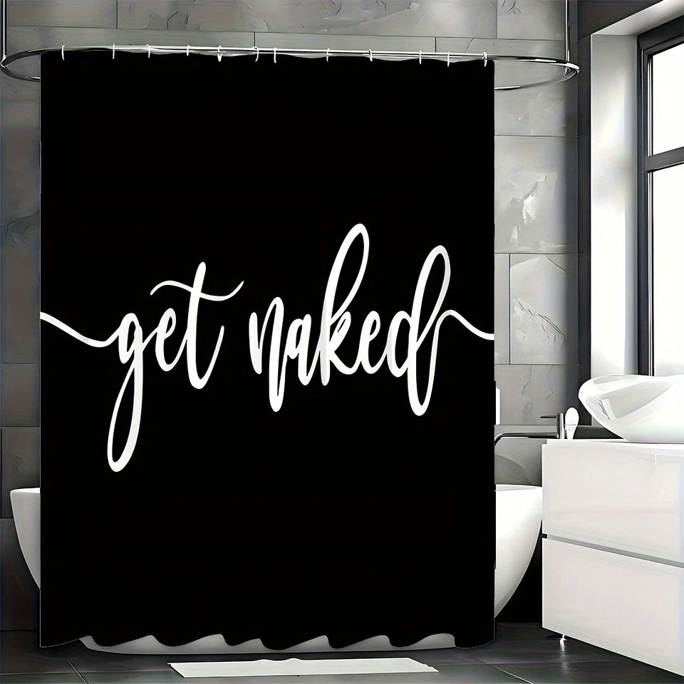 Cortina de ducha negra de moda moderna de 1 pieza con 12 ganchos - resistente al agua Foto 2 de 4