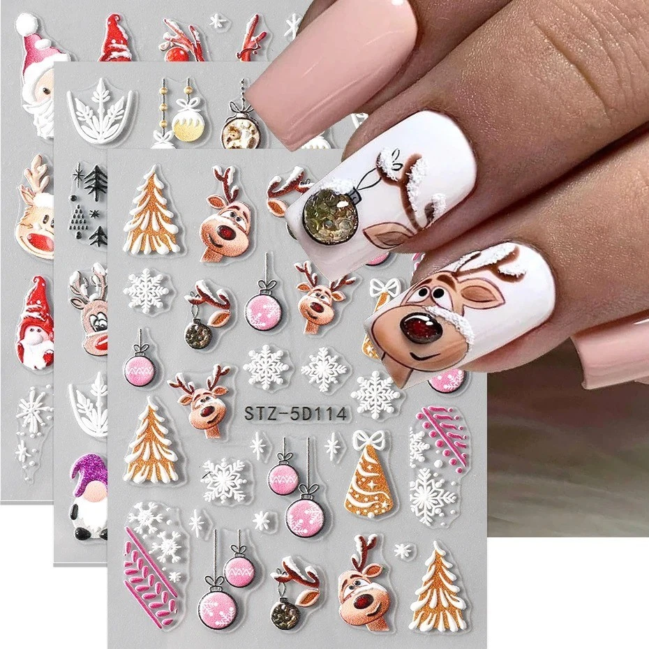 FULL BEAUTY 2Stk Weihnachten Nagelsticker Rentier Santa Schneeflocke Relief Nail Art Deko