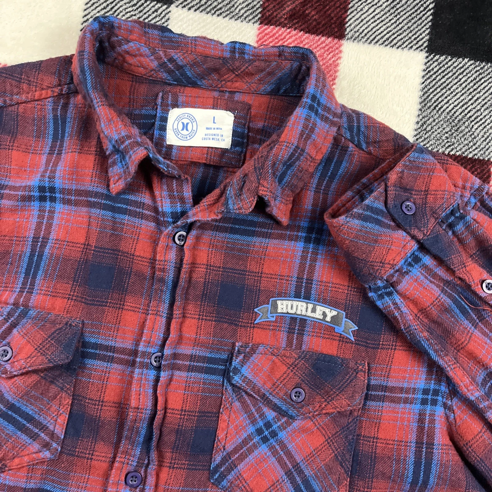 Hurley Shirt Mens L Red Blue Plaid Flannel Button Up Long Sleeve Pockets Logo