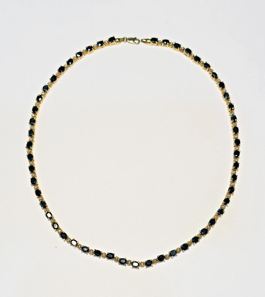 Vintage Genuine Sapphire Diamond Tennis Necklace 14K Gold Plated Sterling Silver - Image 2 of 4