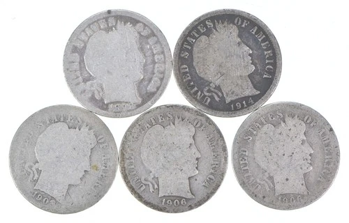 Better Lot 5 1898 1914-S 1908-D 1906-S 1906-S Barber Dime 0.50 Face *237