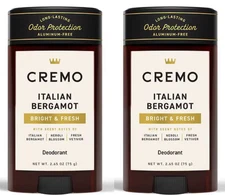 2X Cremo Italian Bergamot Aluminum Free Deodorant for Men 2.65oz / 75g New