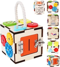 WODI Montessori Activity Cube for Toddlers 3-6 Wooden Baby Toys with Bead Maze, 