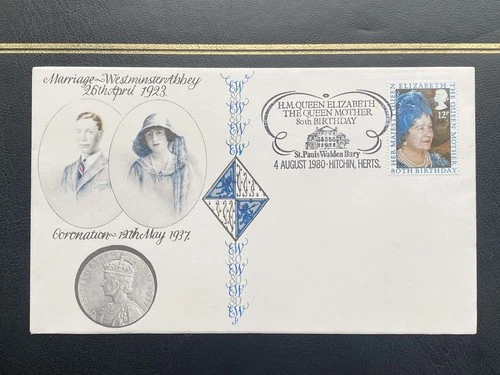 04/08/1980 GB FDC: 80th Birthday HM Queen Mother w/ St Pauls Walden Bury SHS