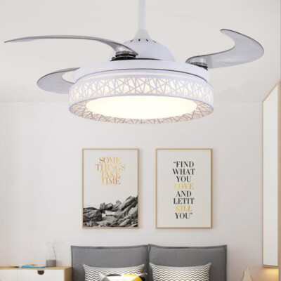 42'' White Bird Nest Chandelier Modern Invisible Ceiling Fans Light LED Lamps