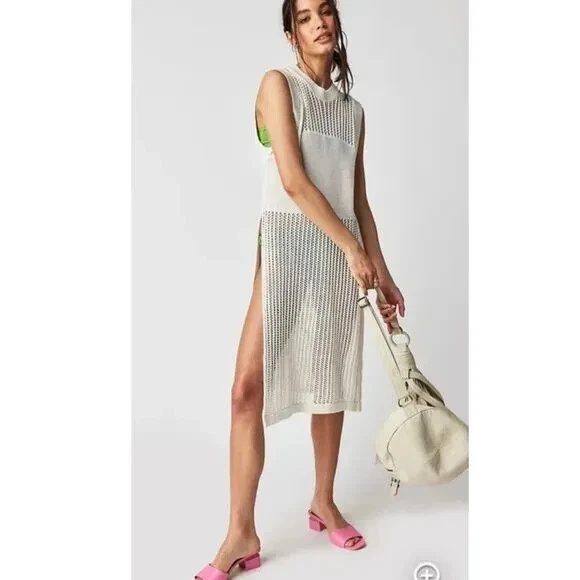 Free People Crew Crochet Poncho Dress Ivory One Size Deep Side Slits Beach Dress