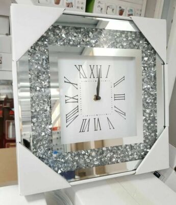 SPIEGEL ZERKLEINERTE DIAMANT SILBER ZERKLEINERTER KRISTALL GEFÜLLT GLITZERND 30X30CM WANDUHR  