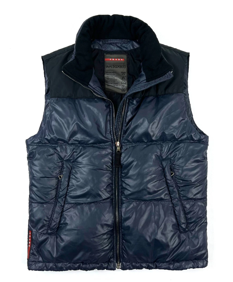 Auth Men s PRADA Blue Down Nylon Full Zip Vest 2 Red Patches Gilet Size 50 S M