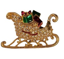 Vintage Don-Lin Brooch Pin Christmas Sleigh Rhinestones Enamal Gold Tone "READ"
